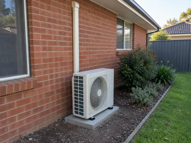 Outdoor air conditioner unit on a concrete pad beside a brick house wall in Clearview